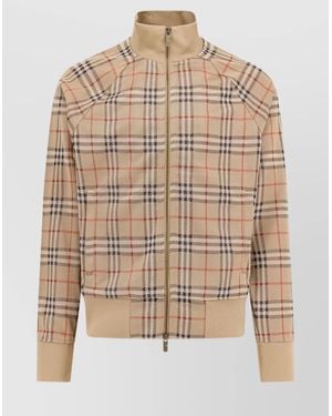 Burberry Zip-Up Checkered Cardigan High Collar - Natural