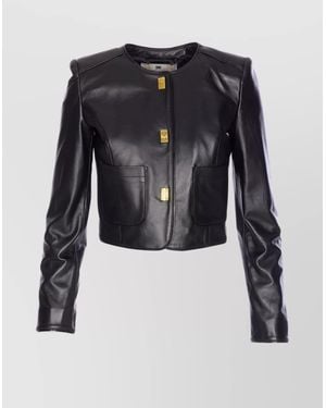 Elisabetta Franchi Leather Jacket Crewneck Cropped Length - Black
