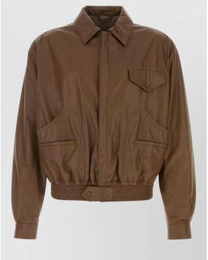 Giorgio Armani Leather Jacket Collared Design Elasticated Hem - Brown