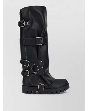 Dolce & Gabbana Leather Biker Boots Knee High Straps Buckles - Black