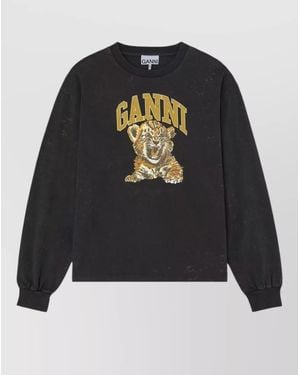 Ganni Crew Neck Tiger Graphic Long Sleeve Top - Black