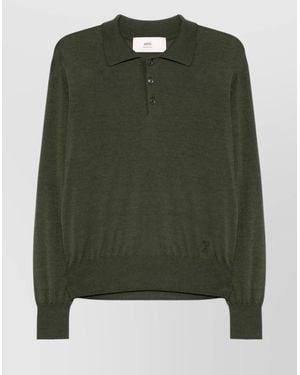 Ami Paris Silk Wool Long-Sleeve Polo Jumper - Green