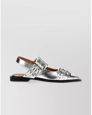 Ganni Leather Buckle Slingback Ballerina Shoes - Metallic