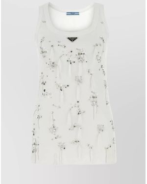 Prada Cotton Tank With Embellished Scoop Neck - White