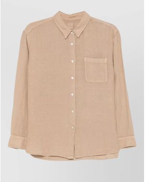 120% Lino Linen Shirt Long Sleeves Chest Pocket Collar - Natural