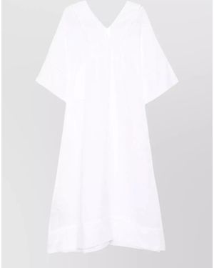 120% Lino Linen Kaftan Dress V Neckline Contrast - White