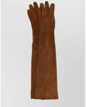 Prada Long Suede Gloves Button Detailing - Brown