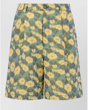 Marni Pleated Floral Print Linen Blend Shorts - Green
