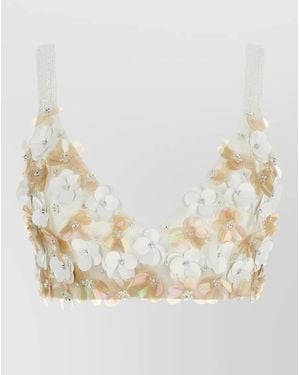 P.A.R.O.S.H. 3D Floral-Embroidered Cropped V-Neck Bralette Top - Natural