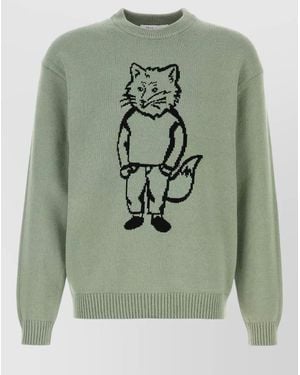 Maison Kitsuné Cotton Blend Sweater Crew Neck Graphic - Green