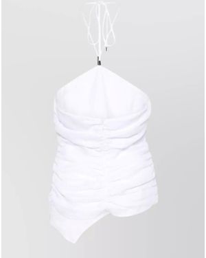Semicouture Linen Halterneck Top Ruched Asymmetric Hem - White