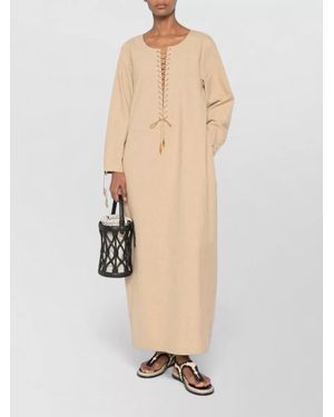 Tory Burch Linen Ankle Length Kaftan Long Sleeves - Natural