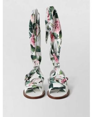 Dolce & Gabbana Leather Floral-Print Ankle-Wrap Sandals - White