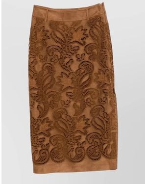 ERMANNO FIRENZE High Waisted Embroidered Midi Skirt Belt - Brown