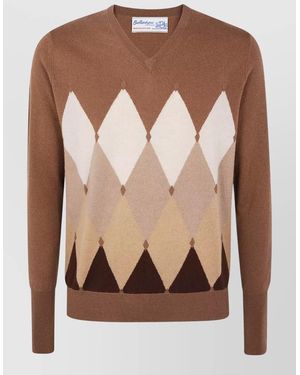 Ballantyne V Neck Pullover Argyle Pattern Knit - Brown