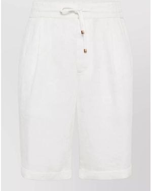 Brunello Cucinelli Linen Bermuda Shorts Rolled Hem Side Pockets - White