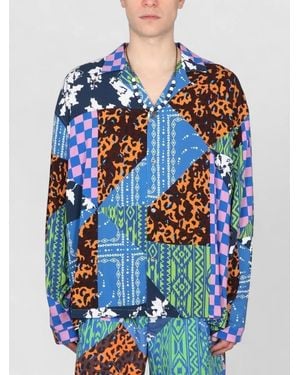 Marcelo Burlon Hawaii Patchwork Shirt Bowling Collar Long Sleeves - Blue