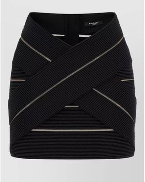 Balmain V Waist Crossover Ribbed Striped Skirt - Black
