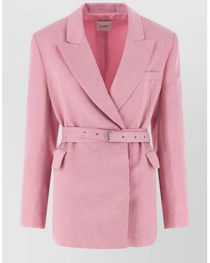 Nude Linen Blend Double-Breasted Belted Blazer - Pink