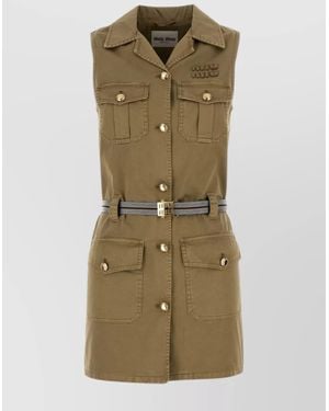 Miu Miu Cotton Mini Dress Featuring Belted Waist - Green