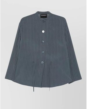 Emporio Armani Pinstripe Jacket Mandarin Collar Drawstring Detail - Blue