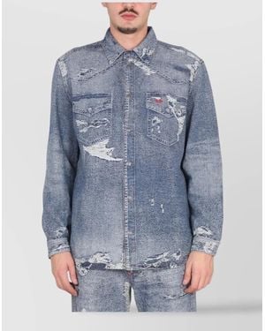 DIESEL Long Sleeve Distressed Denim Shirt - Blue