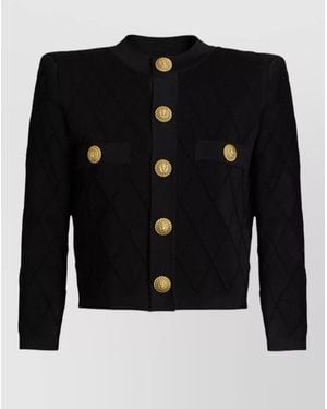 Balmain Cropped Cardigan Diamond Pattern Nylon Silk - Black
