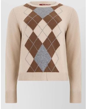 Max Mara Cashmere Wool Diamond-Pattern Long-Sleeve Sweater - Natural