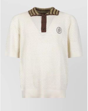 Drole de Monsieur Short Sleeve Textured Knit Polo Ribbed Collar - Natural