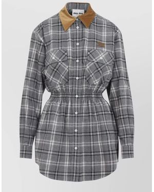 Miu Miu Checked Cotton Long-Sleeve Mini Dress - Grey