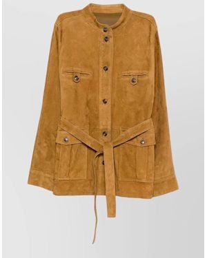 Yves Salomon Belted Coat Long Sleeves Chest Pockets - Multicolour