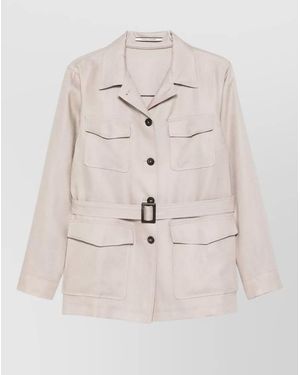 Tagliatore Linen Jacket Belted Waist Flap Pockets - Natural