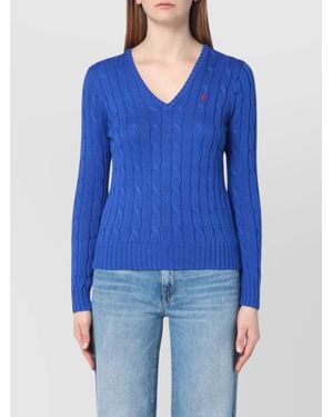Polo Ralph Lauren Cable Knit V-Neck Sweater With Ribbed Cuffs And Hem - Blue