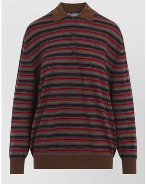 Prada Striped Cashmere Relaxed-Fit Long-Sleeve Polo Shirt - Brown