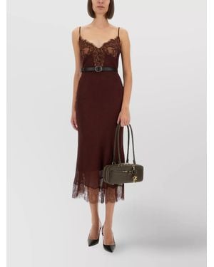 Self-Portrait Lace Trimmed V-Neck Dress With Belted Waist - Purple