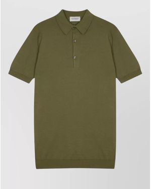 John Smedley Polo Shirt Straight Collar Ribbed Cuffs Hem - Green