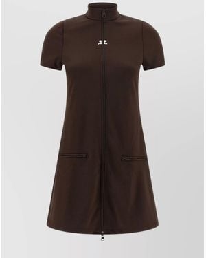 Courreges Mini Dress With High Collar And Pockets - Brown