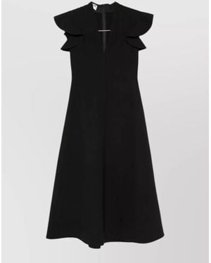 Moschino V-Neck Ruffled-Sleeve A-Line Midi Dress - Black