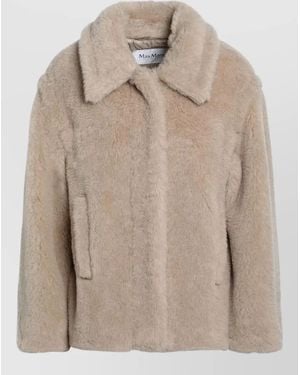 Max Mara Collared Jacket Faux Fur Texture Pockets - Natural