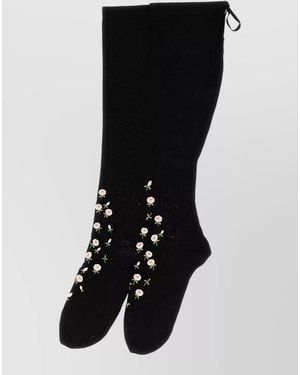 Prada Fine-Knit Floral-Embroidered Over-The-Knee Socks - Black