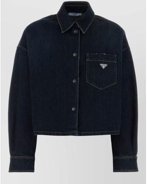 Prada Cropped Denim Shirt Long Sleeves Chest Pocket - Blue