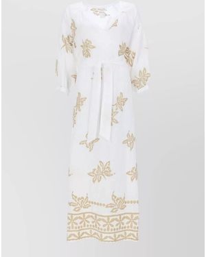 120% Lino Printed Midi Beach Dress - White