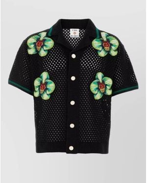 CASABLANCA Crochet Shirt Mesh Knit Floral Appliqué - Black