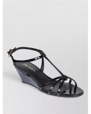 Prada Patent Sandals Open Toe Strappy Wedge Heel - Black