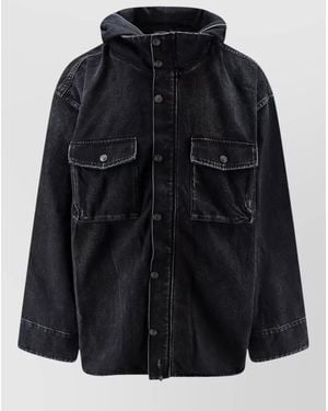Balenciaga Denim Jacket Hood Logo Front Pockets - Black