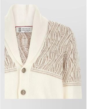 Brunello Cucinelli Braided Jacquard Shoulder Cotton Cardigan - Natural