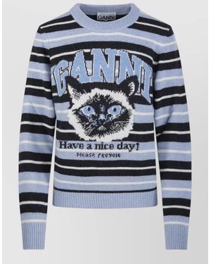 Ganni Wool Graphic Jacquard Stripe Round Neck Long-Sleeve Jumper - Blue