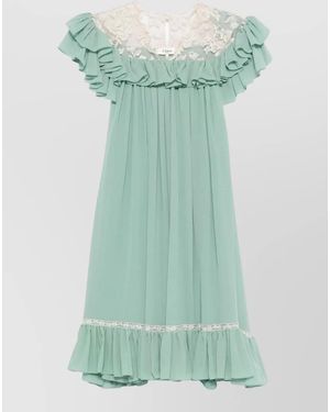 Chloé Silk Ruffled Lace Mini Dress - Green