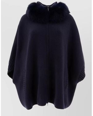 Giovi Cashmere Wool Poncho Fur Collar Pockets - Blue