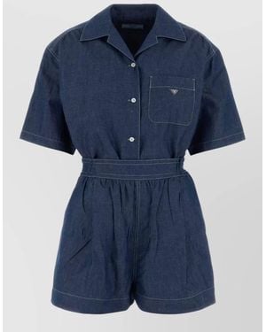 Prada Chambray Jumpsuit Belted Waist Chest Pocket Short Sleeves - Blue